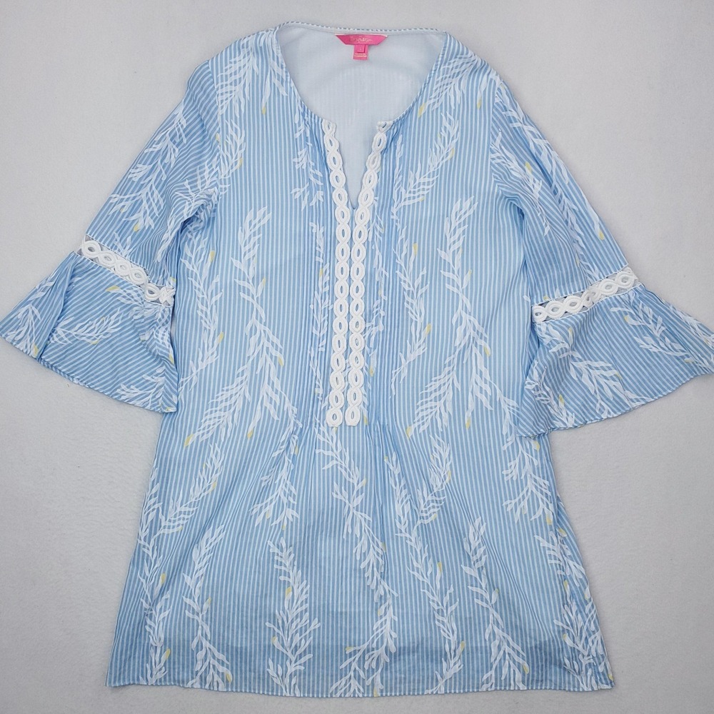 Lilly Pulitzer Hollie Tunic Dress Womens Large Zanzibar Blue Striped Bell Sleeve